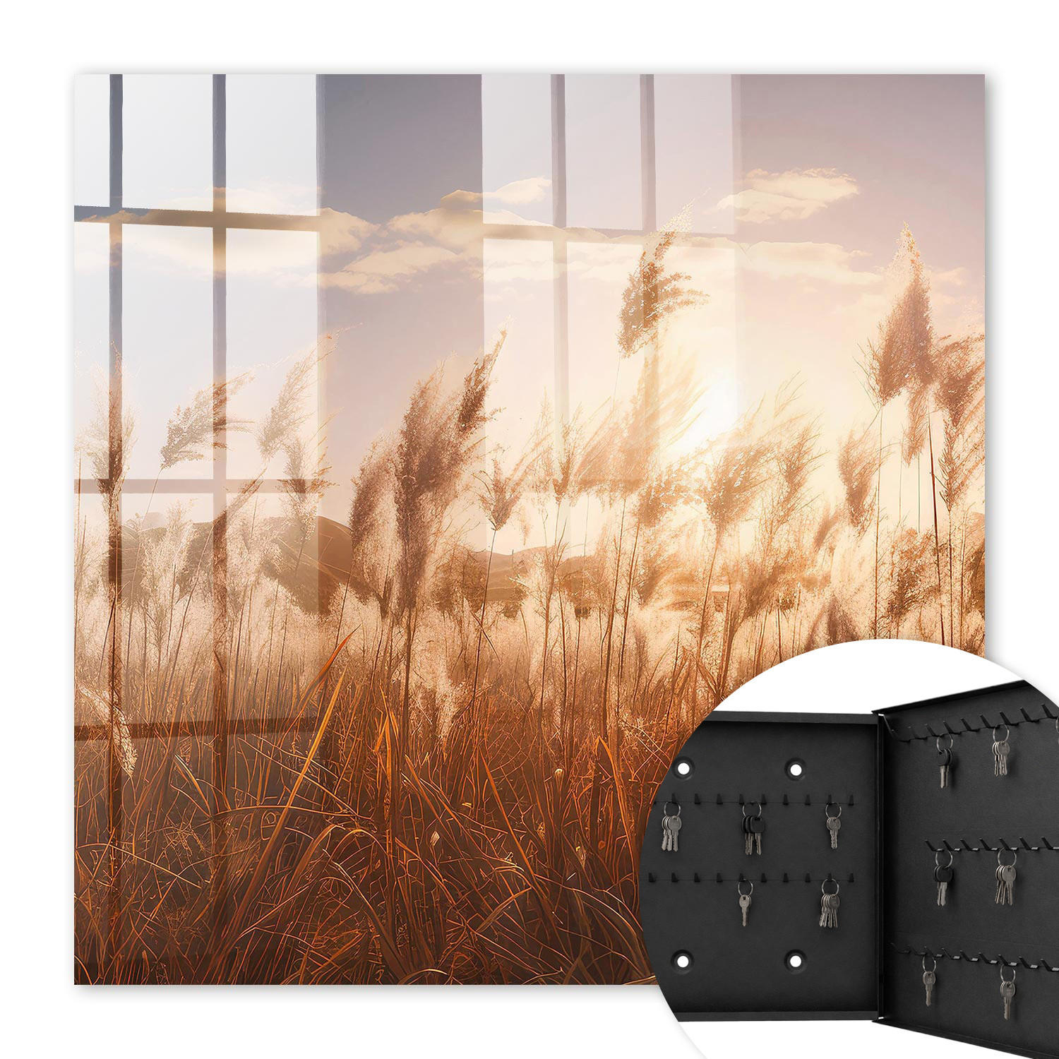 SCHLÜSSELBOX Schwarz 30x30 cm- Türöffnung nach rechts - Sonnenuntergang im Gras - Orange, Metall (30/30/5cm) - TULUP