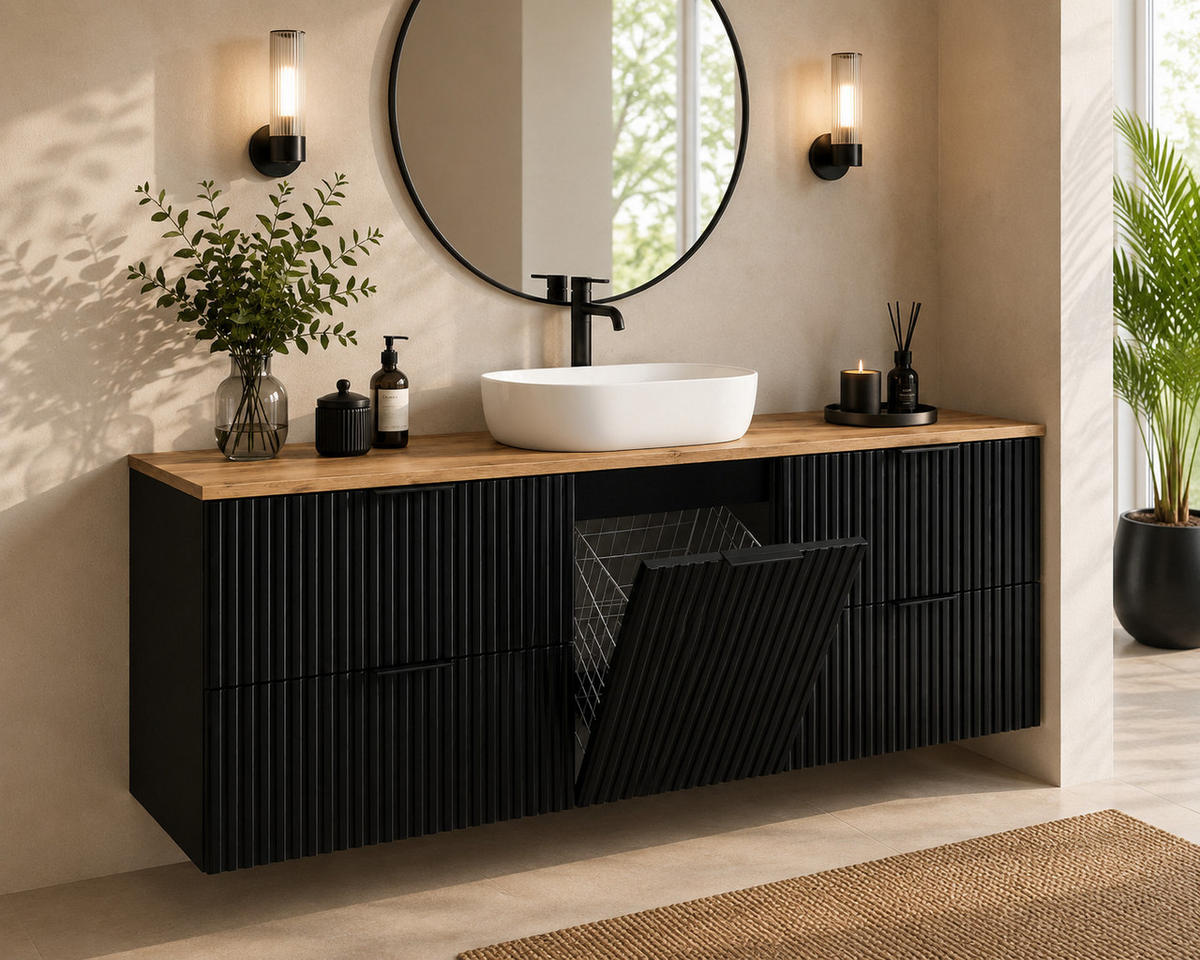 BADMÖBEL-SET MIT WÄSCHEKORB: Schwarz / Platte Eiche Craft, Griffe Schwarz, 160 x 46 x 57 cm - Eichefarben/Schwarz, Holzwerkstoff (160/57/46cm) - 3XE LIVING