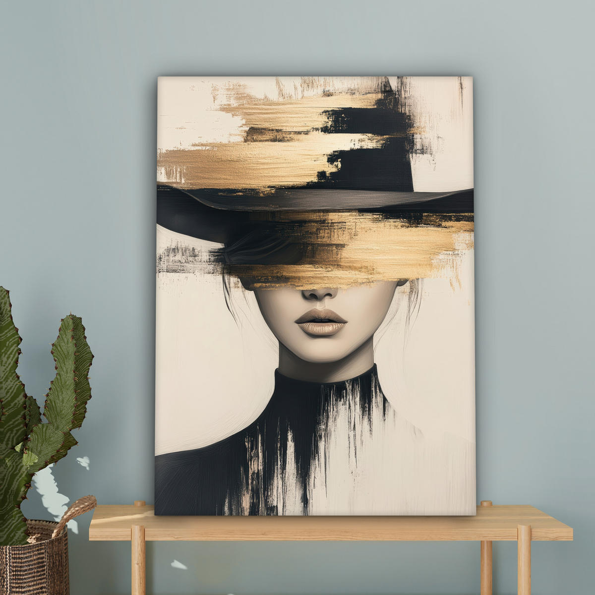 LEINWANDBILD Frau - Hut - Farbe Wandbild Wohnzimmer 60x80 cm - Goldfarben, Textil (60/80cm) - MuchoWow