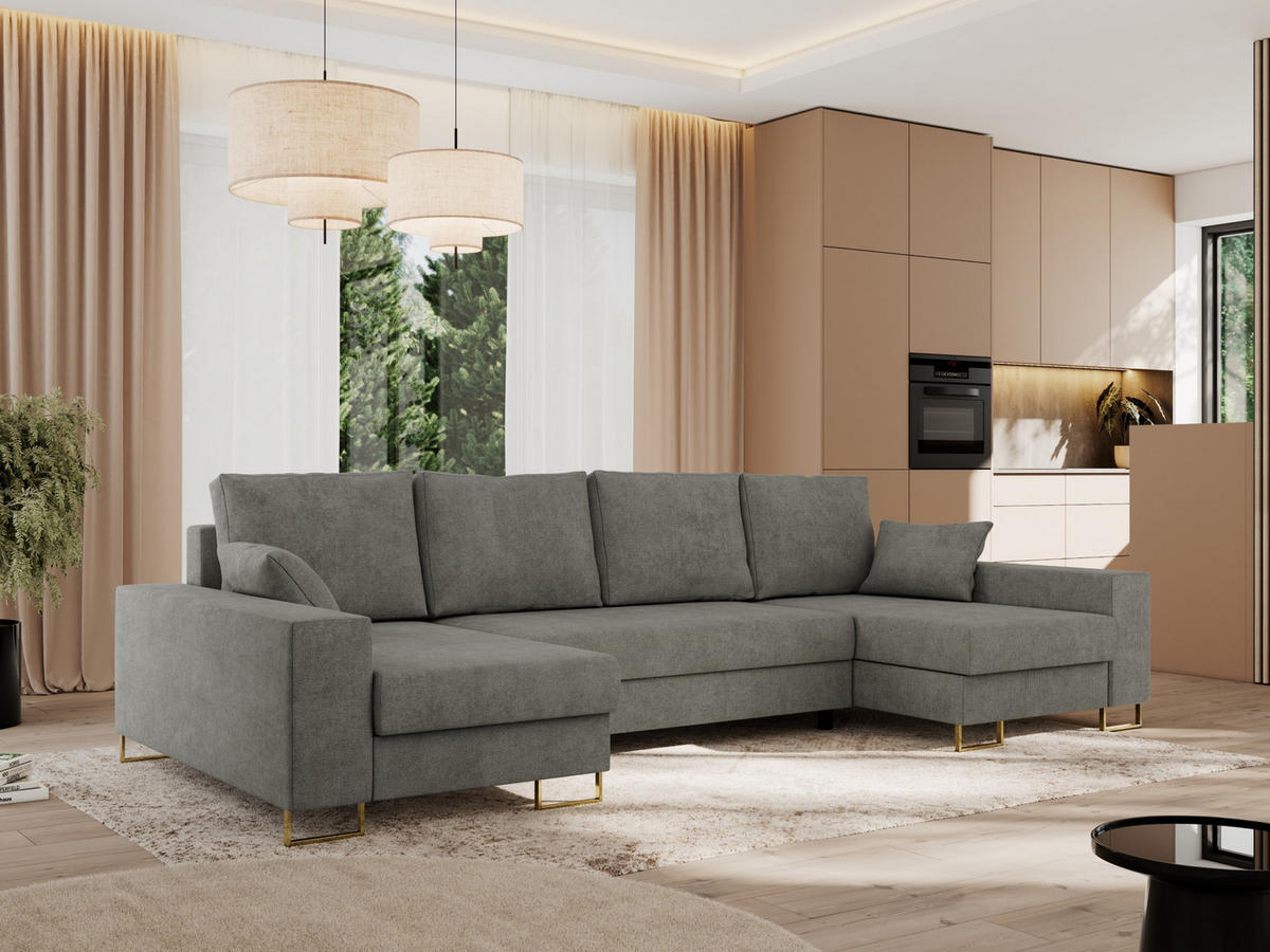 WOHNLANDSCHAFT DORIAN U Struktur Grau - Goldfarben/Grau, Textil/Metall (312/95/138cm) - MKS
