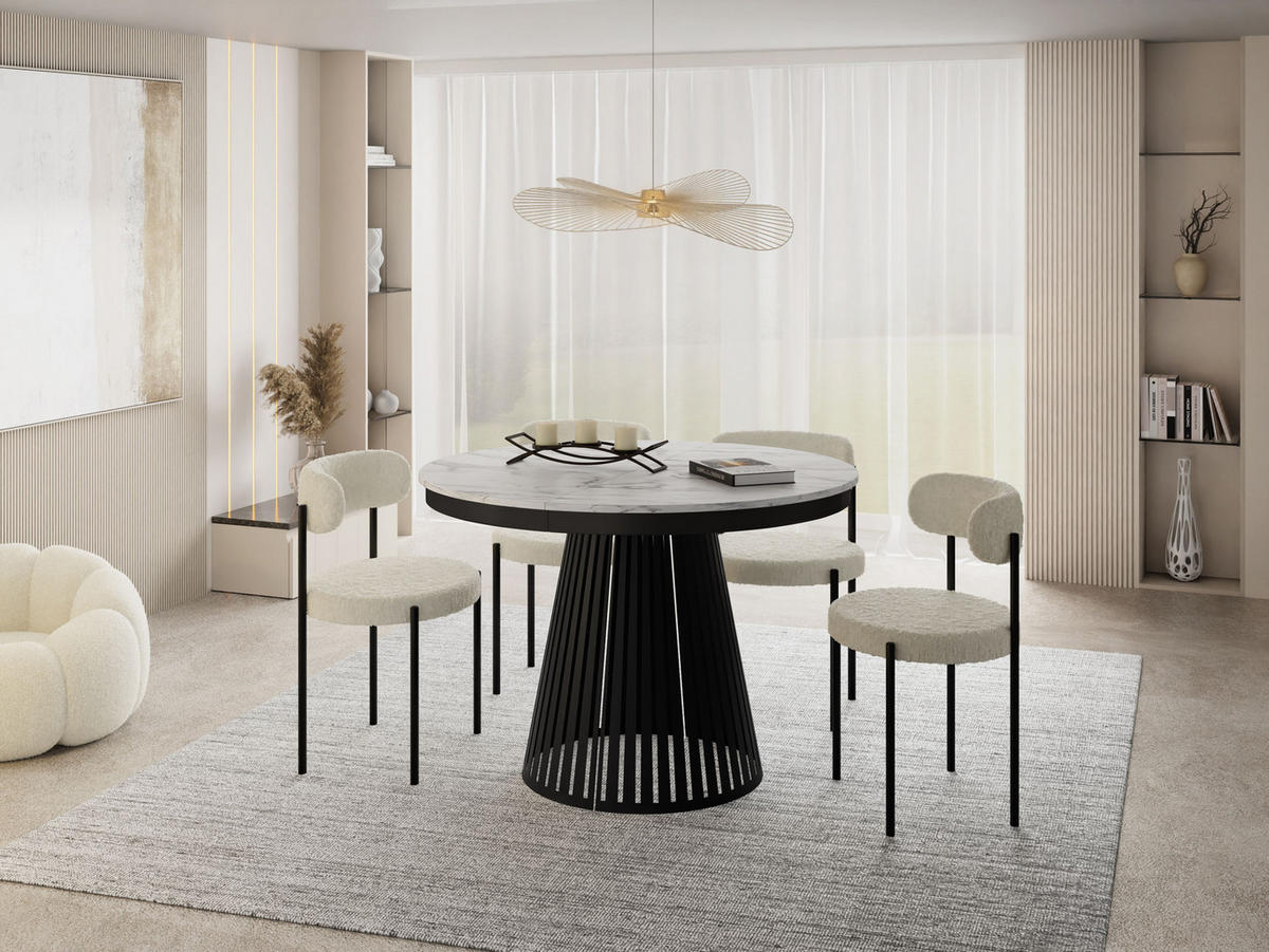 ESSTISCH Naro rund ausziehbar mit Schwarzem Lamellen-Metallgestell, Marmor Weiß 100-180/100/76 cm - Ecru/Schwarz, Holzwerkstoff/Metall (100/100/76cm) - WFL GROUP