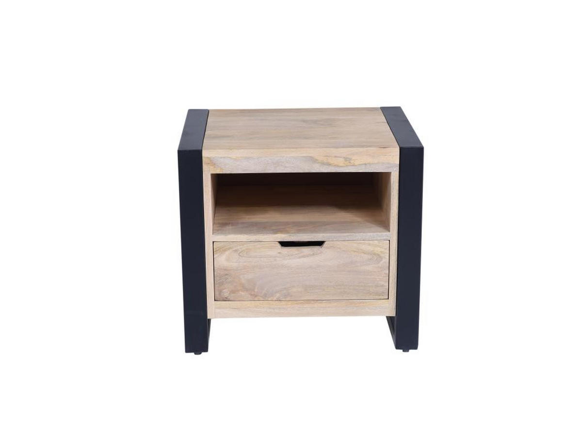 NACHTTISCH mit 1 Schublade & 1 Ablagefach - Mangoholz & Metall - Holzfarben & Schwarz - HARLEM II - Schwarz, Holz (40/45/50cm) - Vente-Unique