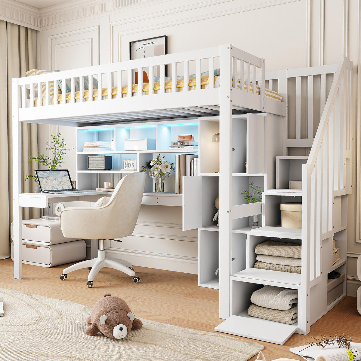 HOCHBETT 90/200 cm mit LED-Beleuchtung, Ablageleiter, Schreibtisch und Regalen, Kiefer/MDF, Weiß - Weiß, Holzwerkstoff (90/200cm) - Redom