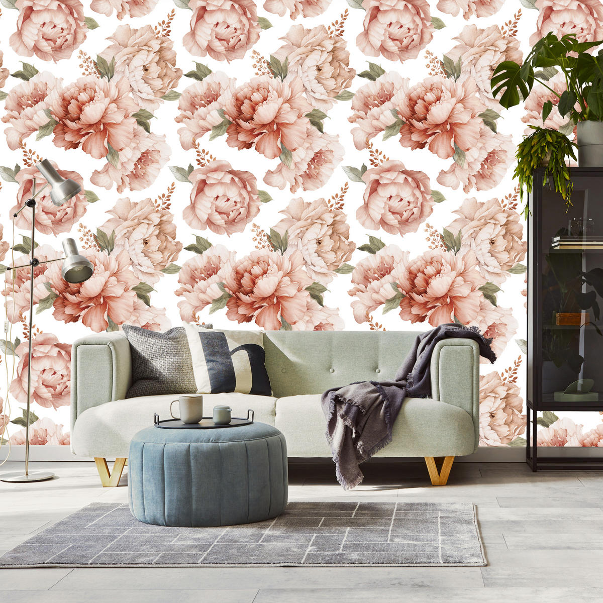 VLIESTAPETE Pfingstrosen im Boho-Stil – Rosa, Beige, Weiß – 50x1000 cm - Beige/Rosa, Papier (50/1000cm) - Muralo