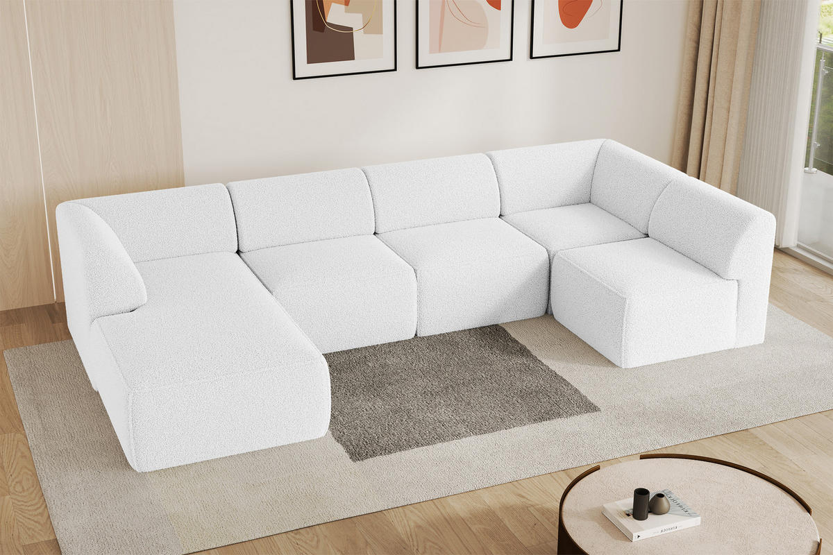 WOHNLANDSCHAFT Ottomane Links MOVO-L 345x180x78 cm Weiß Bouclé - Weiß, Holzwerkstoff/Kunststoff (345/78/180cm) - ALTDECOR