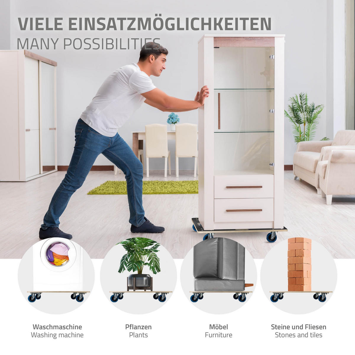 TRANSPORTROLLER 2er Set mit 4 Rollen 60x80 cm Traglast 800kg Siebdruck Holzplatte Black - Anthrazit, Holzwerkstoff (60/80/14.5cm) - ECD-Germany