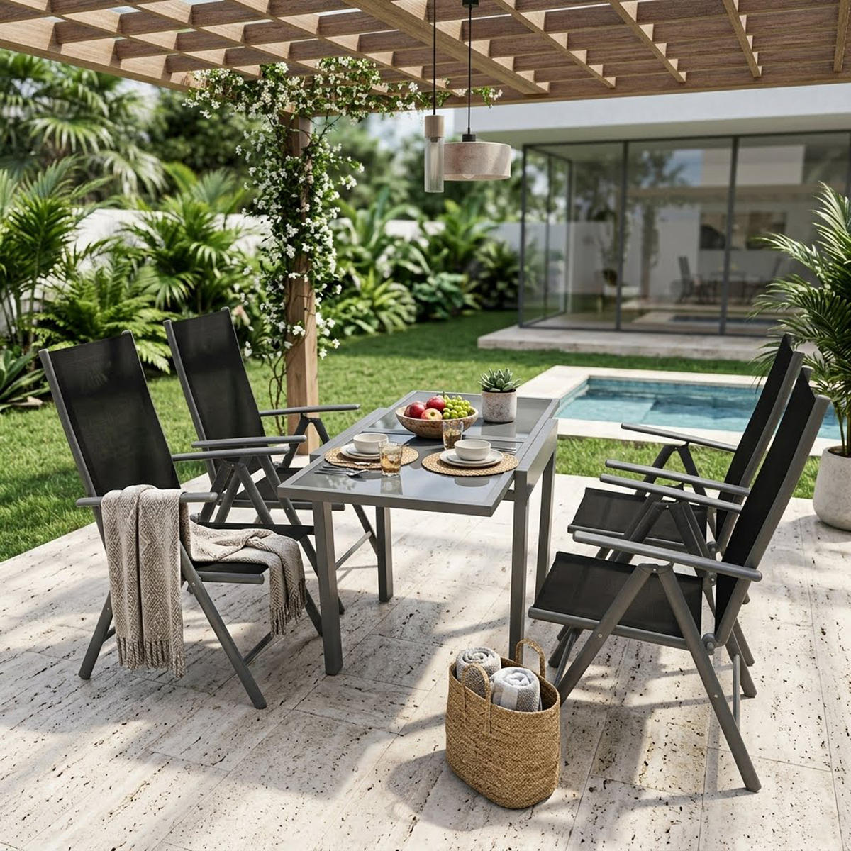 GARTEN-GARNITUR Ashford - 5-teilige Garten-Essgruppe (4x Klappsessel mit Armlehnen, 1x Auszieh-Tisch 65/130x65cm), Gestell Aluminium - Schwarz, Metall - TPFGarden