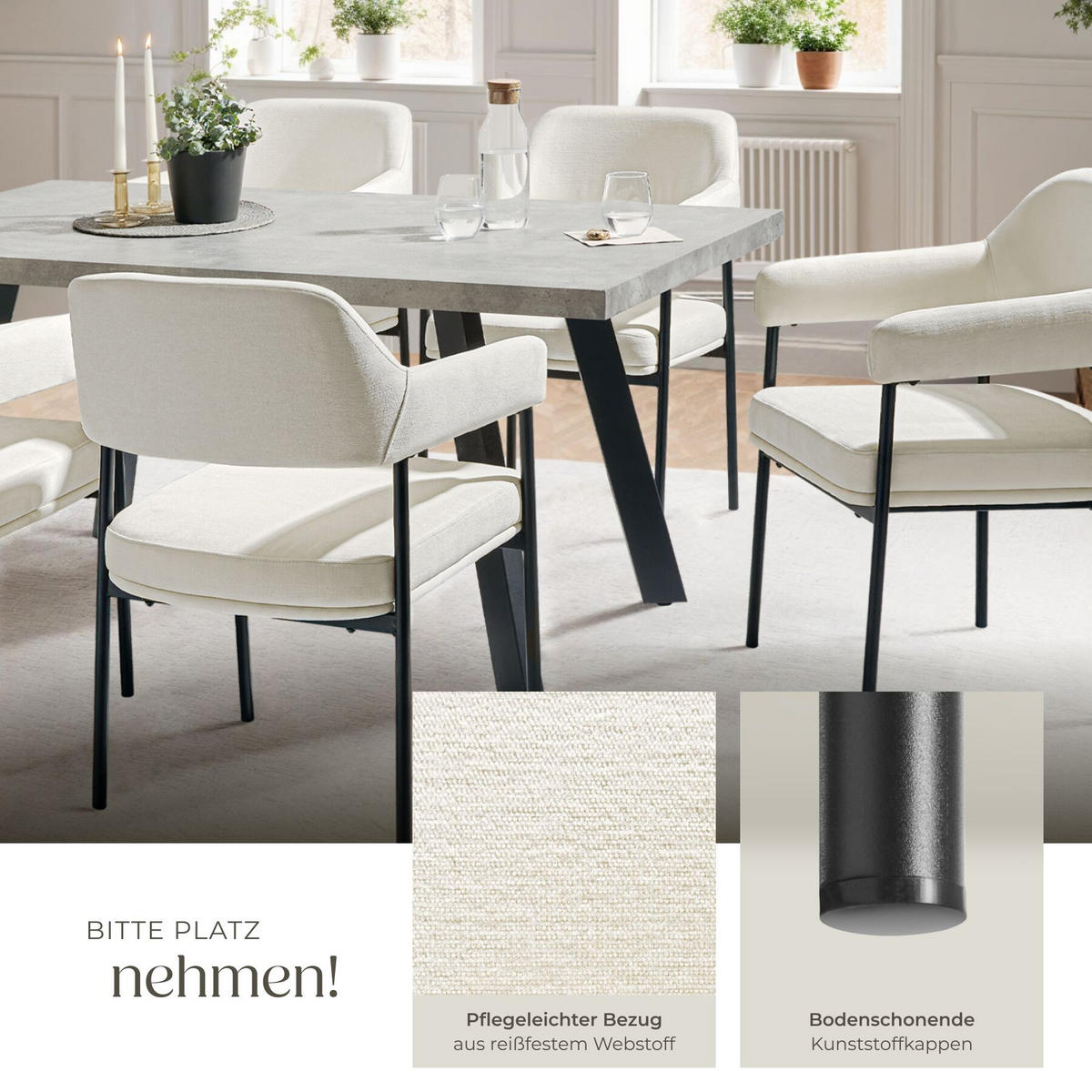 ARMLEHNSTUHL 6er Set Doé 58 x 62 x 85 cm Webstoff off-white/schwarz - Schwarz/Weiß, Textil (58/85/62cm) - tectake