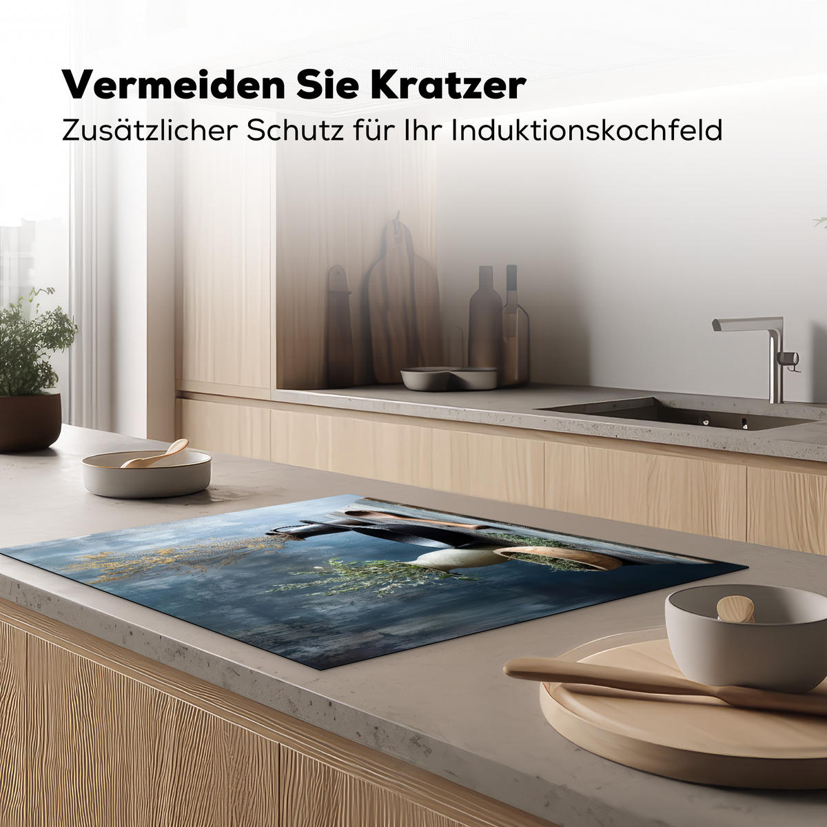 HERDABDECKPLATTE Stilleben - Kräuter - Rustikal Induktionsmatte 77x59 cm - Blaugrau, Kunststoff (77/59/0.2cm) - MuchoWow