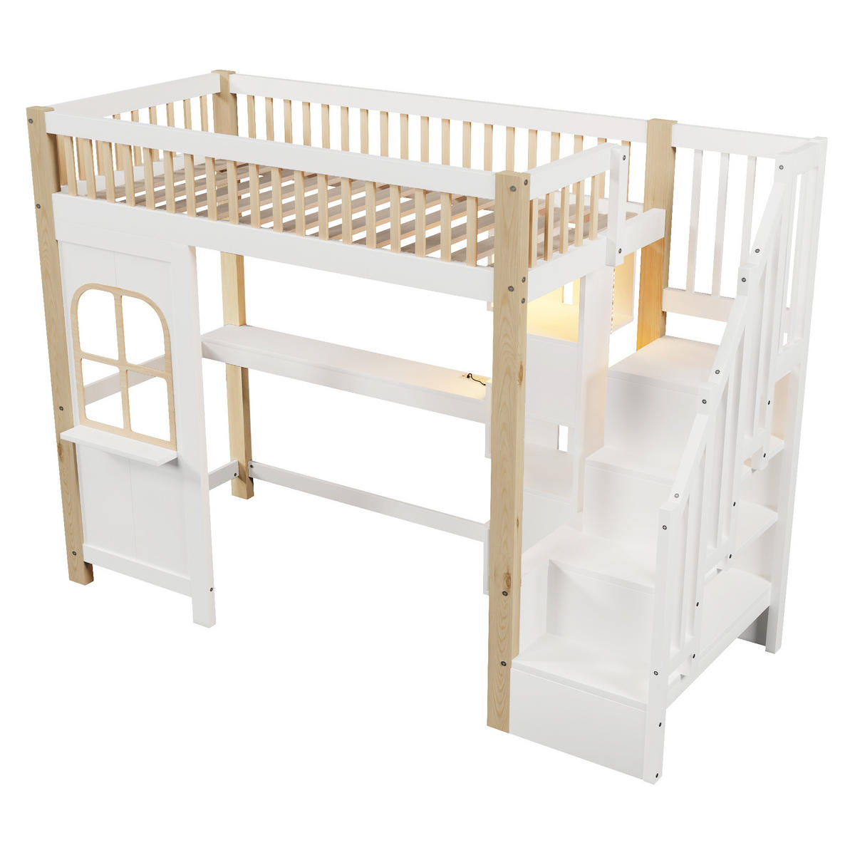 HOCHBETT 90/200 cm mit LED-Leuchten und Schreibtisch in Weiß und Natur - Weiß, Holz (140/200cm) - OKWISH