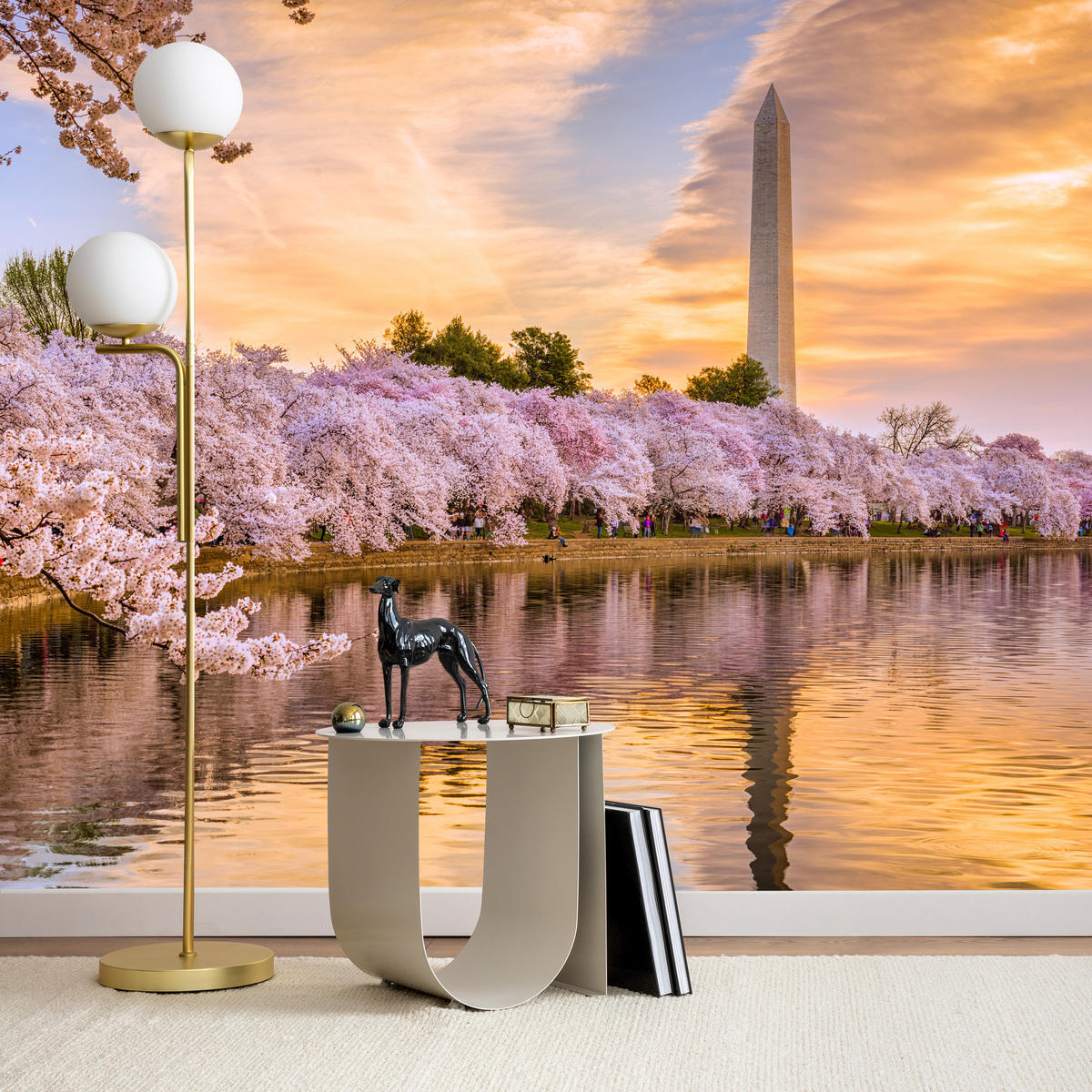 FOTOTAPETE Blühende Kirschbäume Fluss Natur Frühling Sonnenuntergang 400x280 - Blau/Gelb, Papier (400/280cm) - Muralo