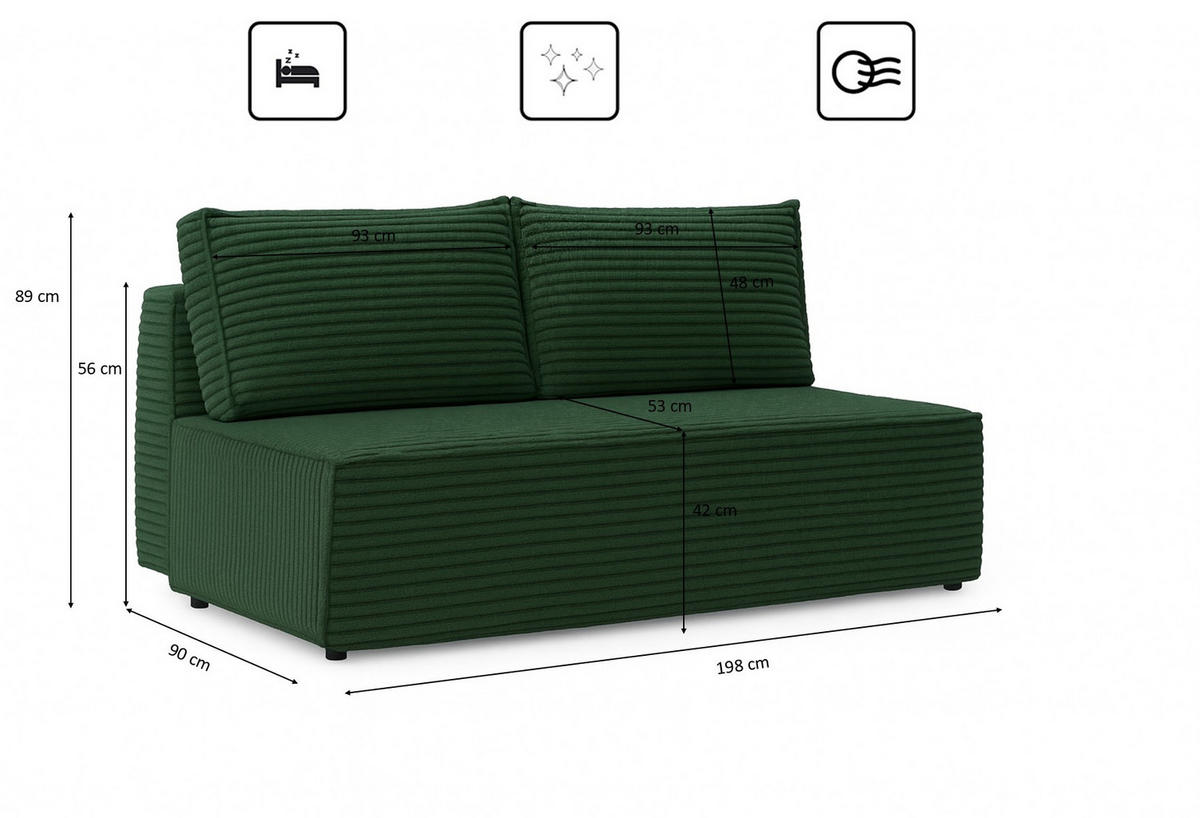 SCHLAFSOFA mit Bettkasten DUO, Stoff Velo, Grün - Grün, Holz (198/89/90cm) - Kaiser Möbel