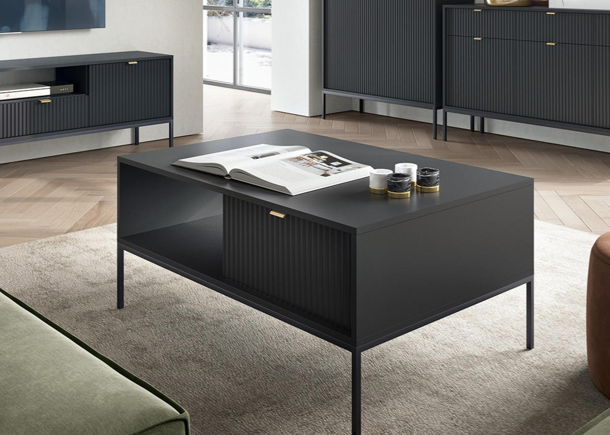 COUCHTISCH Kioto 104 cm in Schwarz mit Schubladen und Metallbeinen - Goldfarben/Schwarz, Holzwerkstoff/Metall (68/104/46cm) - Ravio