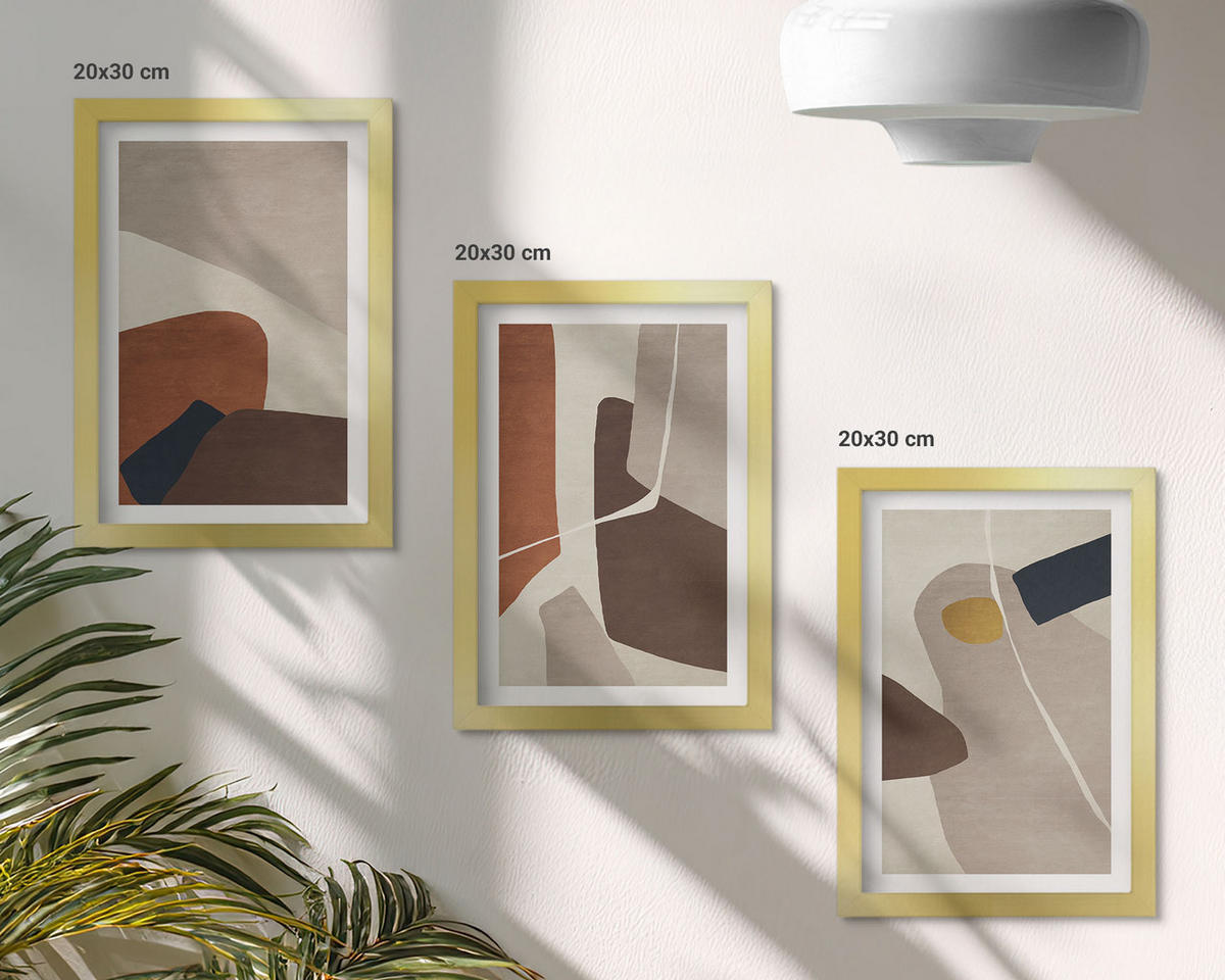 BILDER SET 3er Set - 20x30 cm Goldrahmen - Abstrakte Boho-Malerei - Goldfarben, Kunststoff (20/30cm) - TULUP