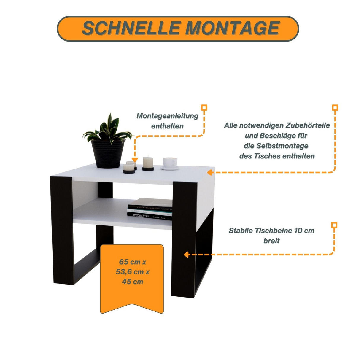 COUCHTISCH Holzwerkstoff rechteckig stabil Weiß 45/53,6/65cm - Schwarz/Weiß, Holzwerkstoff (53.6/65/45cm) - CraftPAK