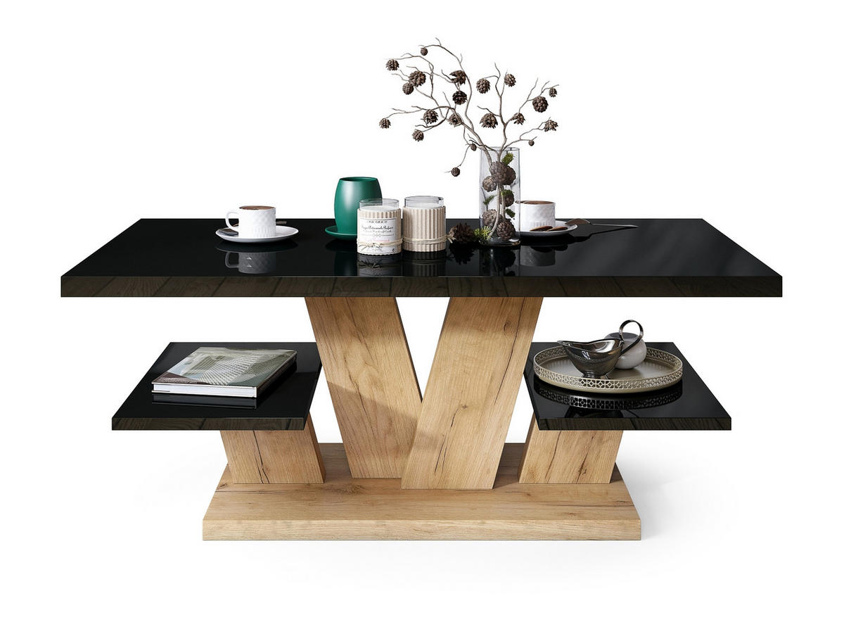 COUCHTISCH rechteckig Schwarz Hochglanz - Eiche Gold 110/60/45 cm - Schwarz Hochglanz, Holzwerkstoff (60/110/45cm) - designimpex