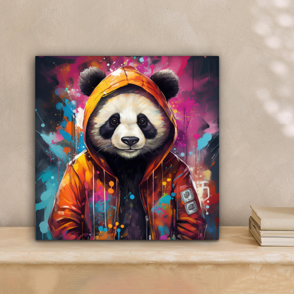 LEINWANDBILD Panda - Jacke - Graffiti - Orange Deko Wohnzimmer 20x20 cm - Orange, Textil (20/20cm) - MuchoWow