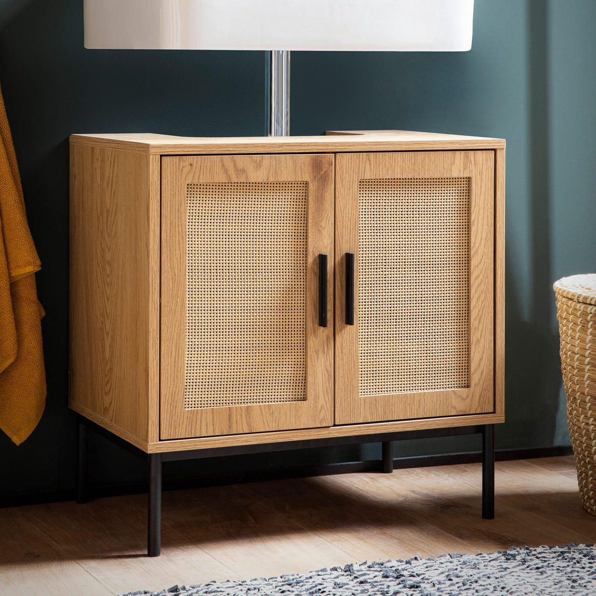 WASCHBECKENUNTERSCHRANK Eiche-Optik 60x60x40 cm mit Türen und Rattangeflecht - Schwarz/Braun, Holzwerkstoff/Metall (60/60/40cm) - KADIMA DESIGN