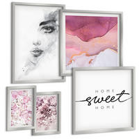 BILDER SET 5er Set - 50x50 cm & 20x30 cm & 40x60 cm Silberner Rahmen - Zarte Boho-Blätterschrift - Silberfarben, Kunststoff (40/60cm) - TULUP