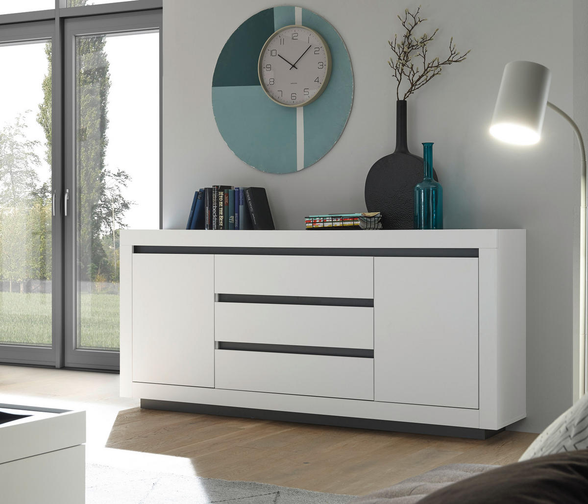 SIDEBOARD weiß, anthrazit, Wohnzimmer- Esszimmer- Kommode 200 x 91 cm - Weiß Hochglanz/Anthrazit, Holzwerkstoff (200/91/38cm) - Furn.Design
