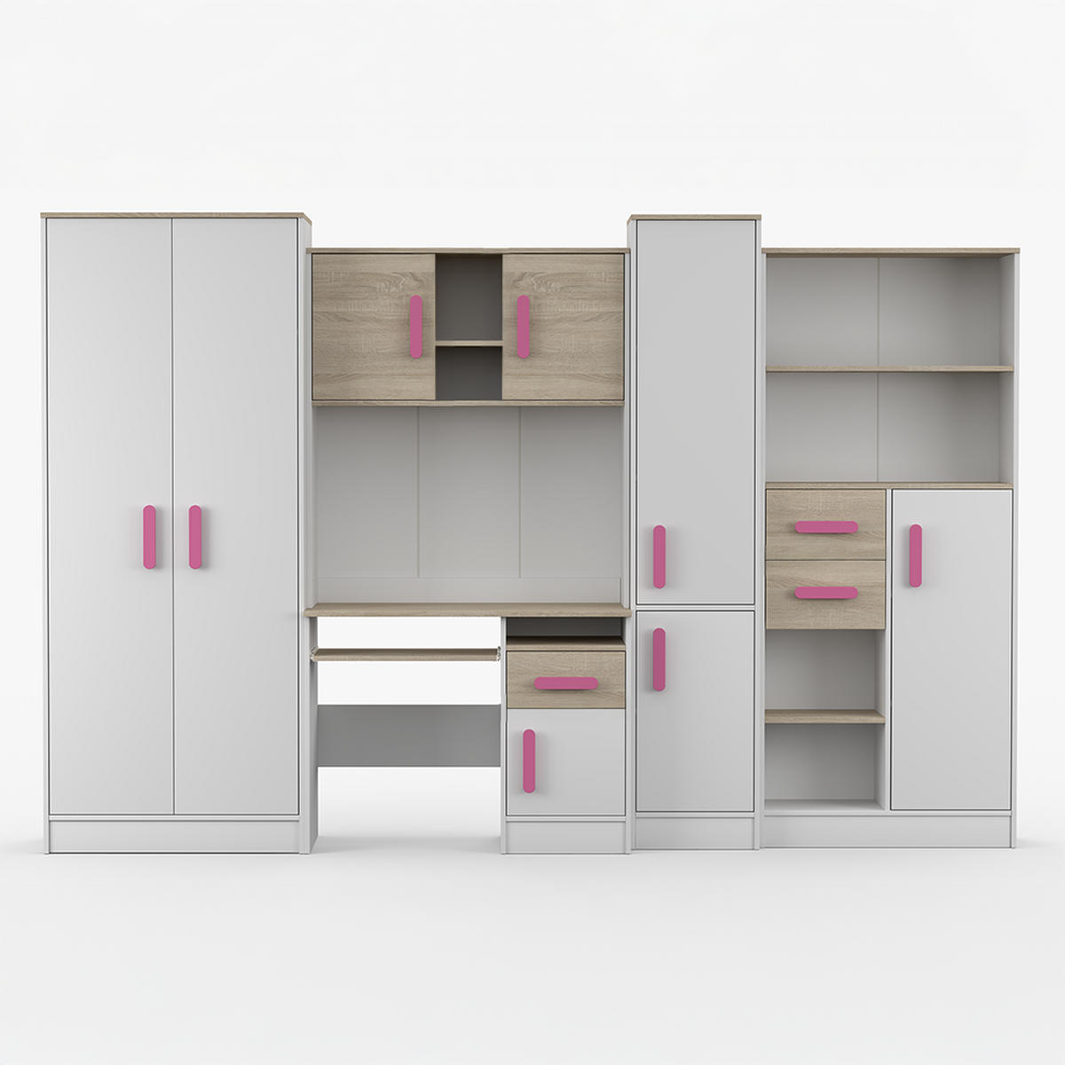 WOHNWAND Markus Weiß Sonoma Eiche mit griffenfarbe: Rosa - Weiß/Rosa, Holzwerkstoff (300/197/52cm) - imoebel24