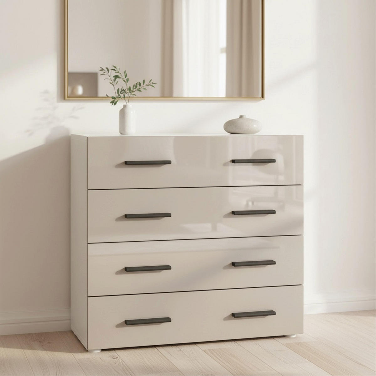 KOMMODE Den, Sideboard mit 4 Schubladen, Made in Germany, Moderner Schrank, Weiß matt / Sandgrau Hochglanz (76 x 72 x 35 cm) - Beige, Holzwerkstoff (76/72/33cm) - InnoFurn