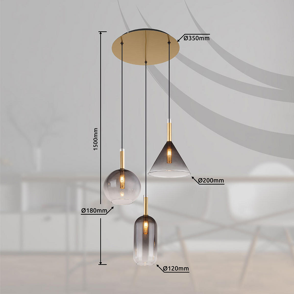 PENDELLEUCHTE ELISABETH, Messing, 3-flammig - Messingfarben, Glas (43/43/150cm) - Globo Lighting