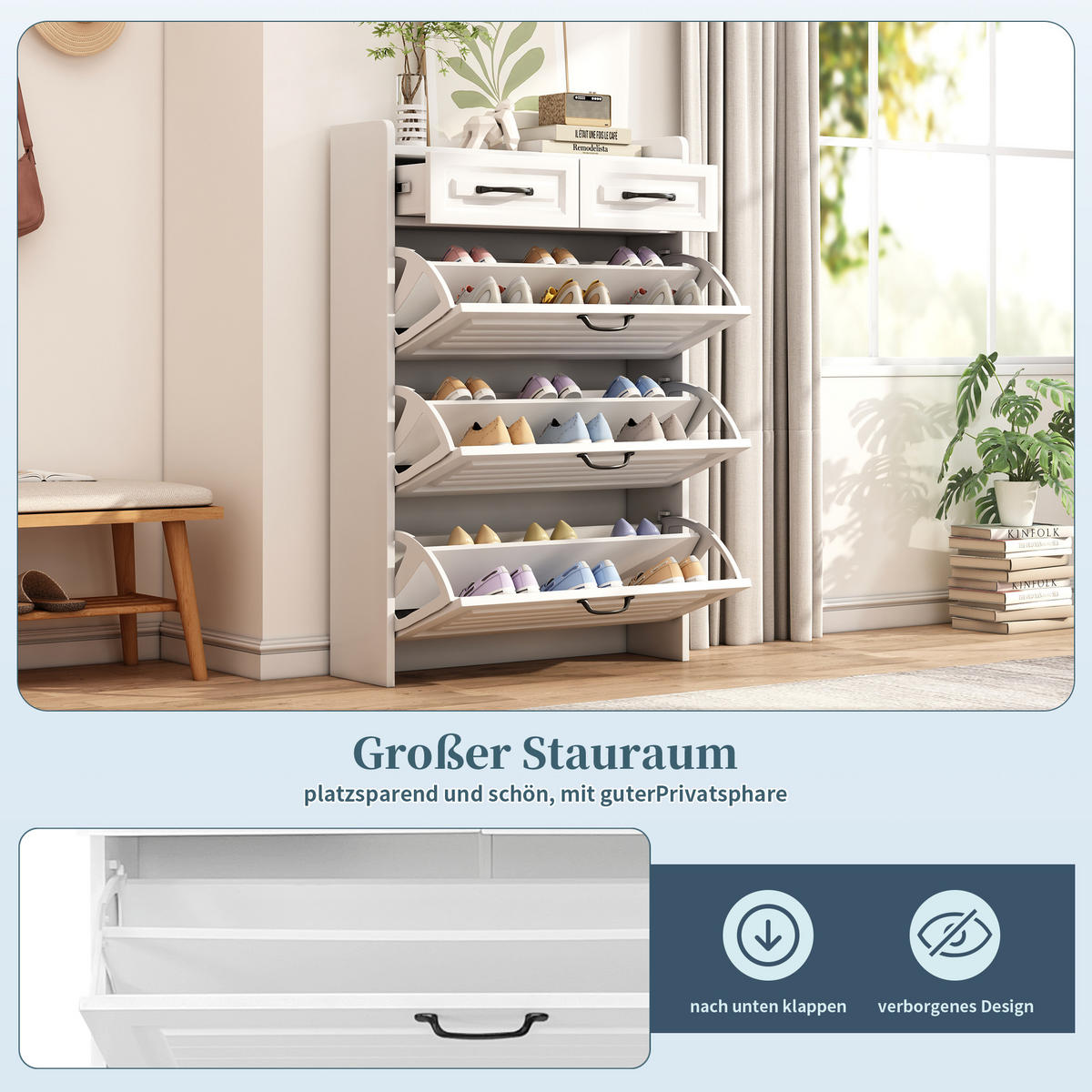 SCHUHSCHRANK 3 Klappen 2 Schubladen Holz 80x23.5x131cm - Weiß, Holzwerkstoff (23.5/131/80cm) - FLIEKS