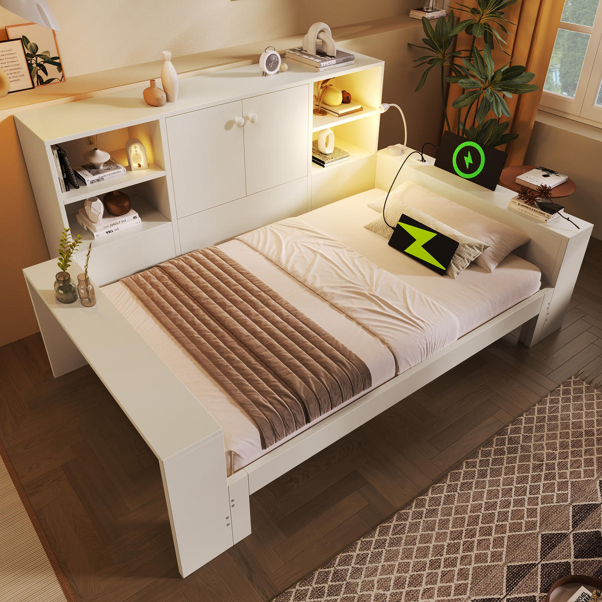 BETT 90/200 cm & 180/200 cm in Weiß mit Ausziehbett, Stauraum, USB, Type-C und LED Holz Design - Weiß, Holzwerkstoff (90/200cm) - STILVORA