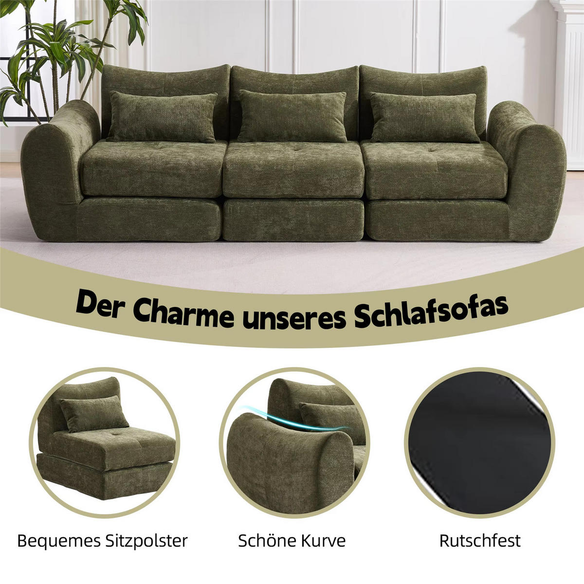 SCHLAFSOFA 3-Sitzer Chenille, Modernes Lounge Sofa ohne Aufbau, Grün - Grün, Textil (262/78/97cm) - Kaket