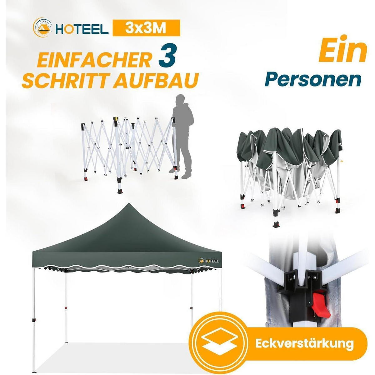 FALTPAVILLON 3x3m Grau mit Seitenwänden - Olivgrün, Textil (300/315/300cm)