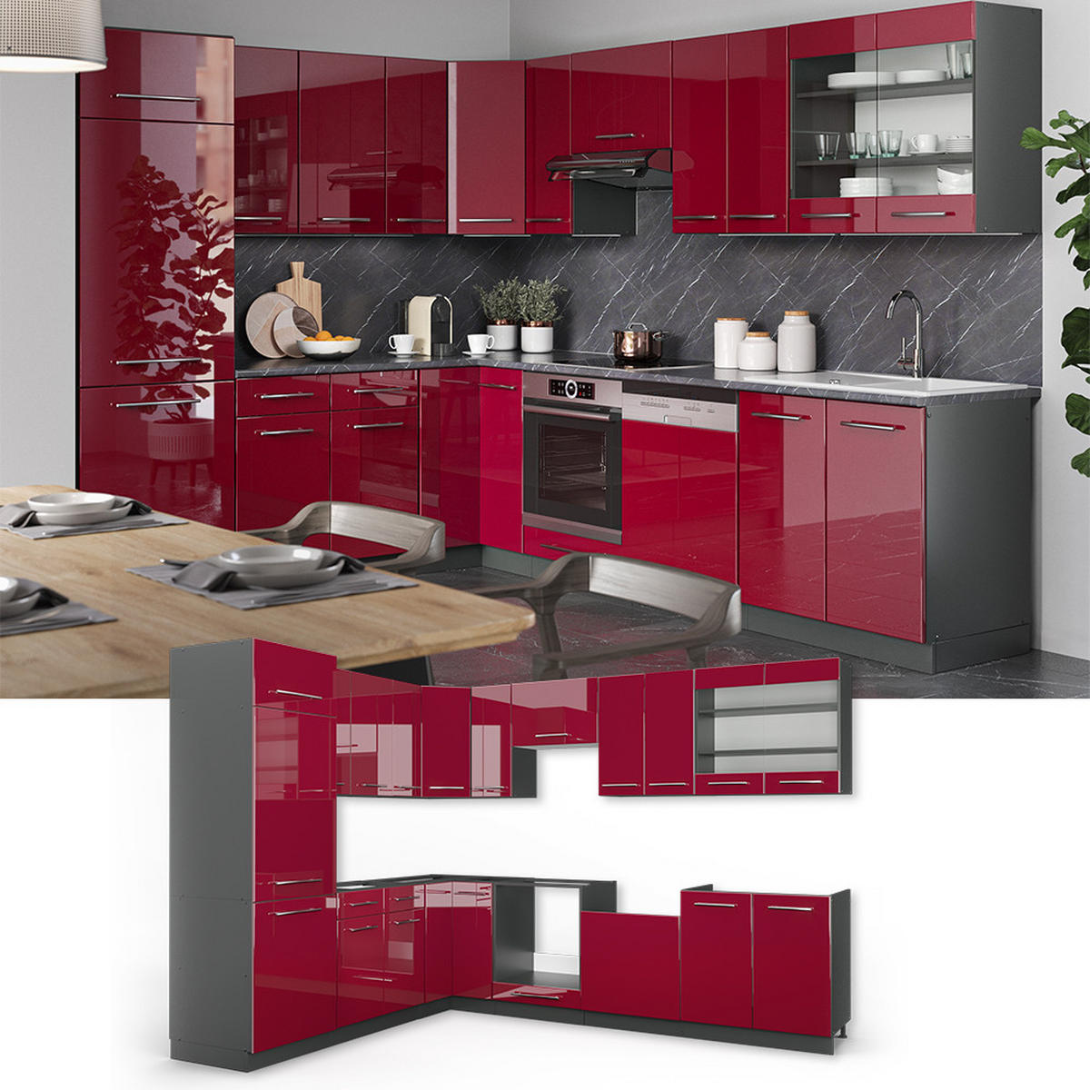 ECKKÜCHE Fame-Line Bordeaux Hochglanz/Anthrazit 227 x 287 cm AP Eiche - Bordeaux/Anthrazit, Holzwerkstoff (287/81.6/60cm) - Vicco