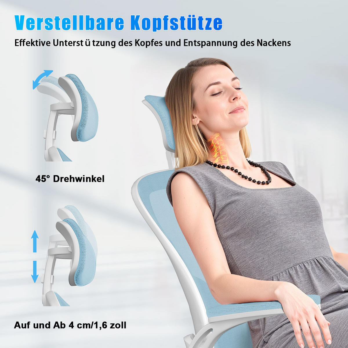 BÜROSTUHL ergonomisch, höhenverstellbar, klappbare Armlehnen, Kopfstütze – Blau - Blau, Metall (50.5/134/52cm) - Rattantree