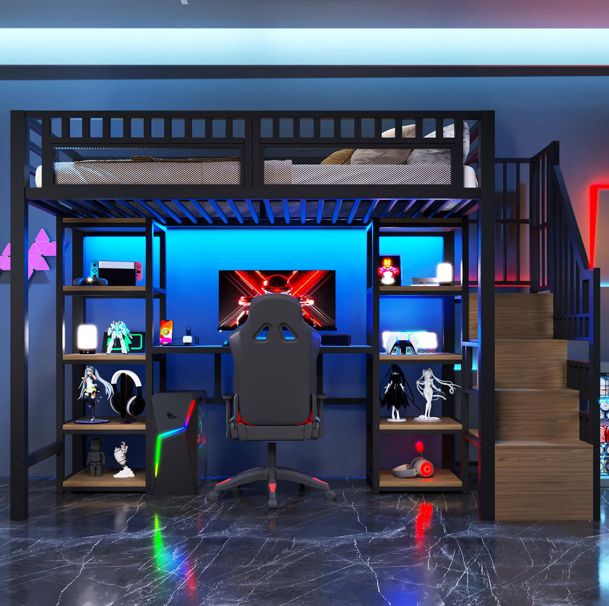 HOCHBETT aus Metall und MDF 90x200 cm Schwarz mit Schreibtisch, LED-Lichtleiste, USB-Anschluss und Stauraumleiter - Schwarz, Metall (90/200cm) - Modfu