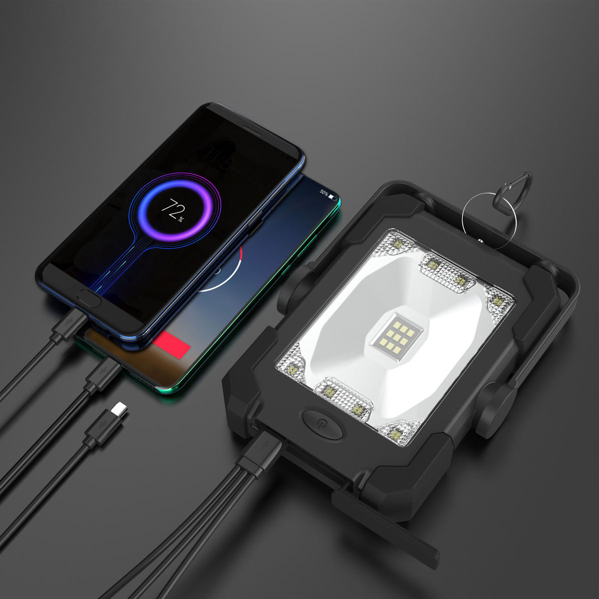 SOLAR-AKKU-OUTDOOR-ARBEITSLEUCHTE - vielseitige Campingleuchte mit Powerbank und LED Strahler für Nachtgebrauch, 2er-Set - Schwarz, Kunststoff (3.5/12.6/16.6cm) - Northpoint