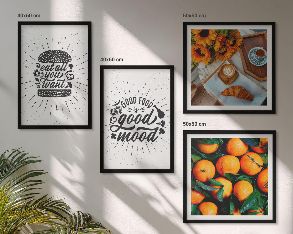 BILDER SET 4er Set - 50x50 cm & 40x60 cm Schwarzer Rahmen - Juicy Oranges Kitchen - Schwarz, Kunststoff (50/50cm) - TULUP