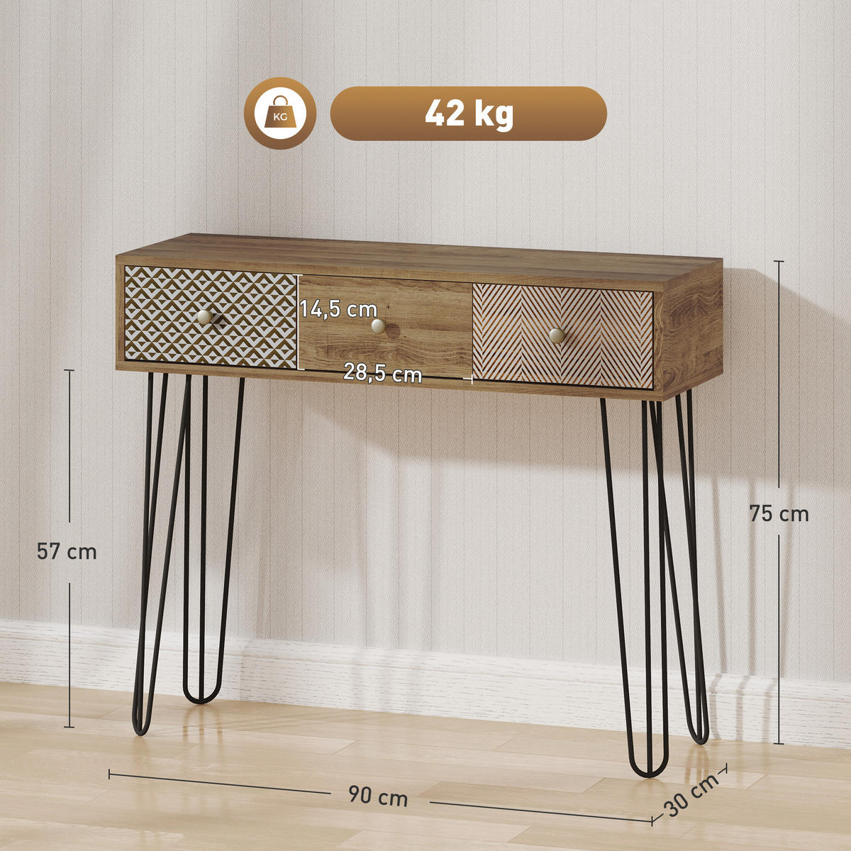 KONSOLENTISCH DE-16776 3 Schubladen, Haarspangenbeine, 90 cm Braun - Braun, Holzwerkstoff (90/30/75cm) - ComfortXL