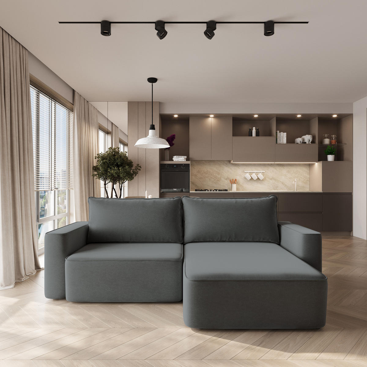ECKSOFA BELISE CL Grau Veloursstoff mit Schlaffunktion - Grau, Holz/Textil (252/162cm) - MASSENO