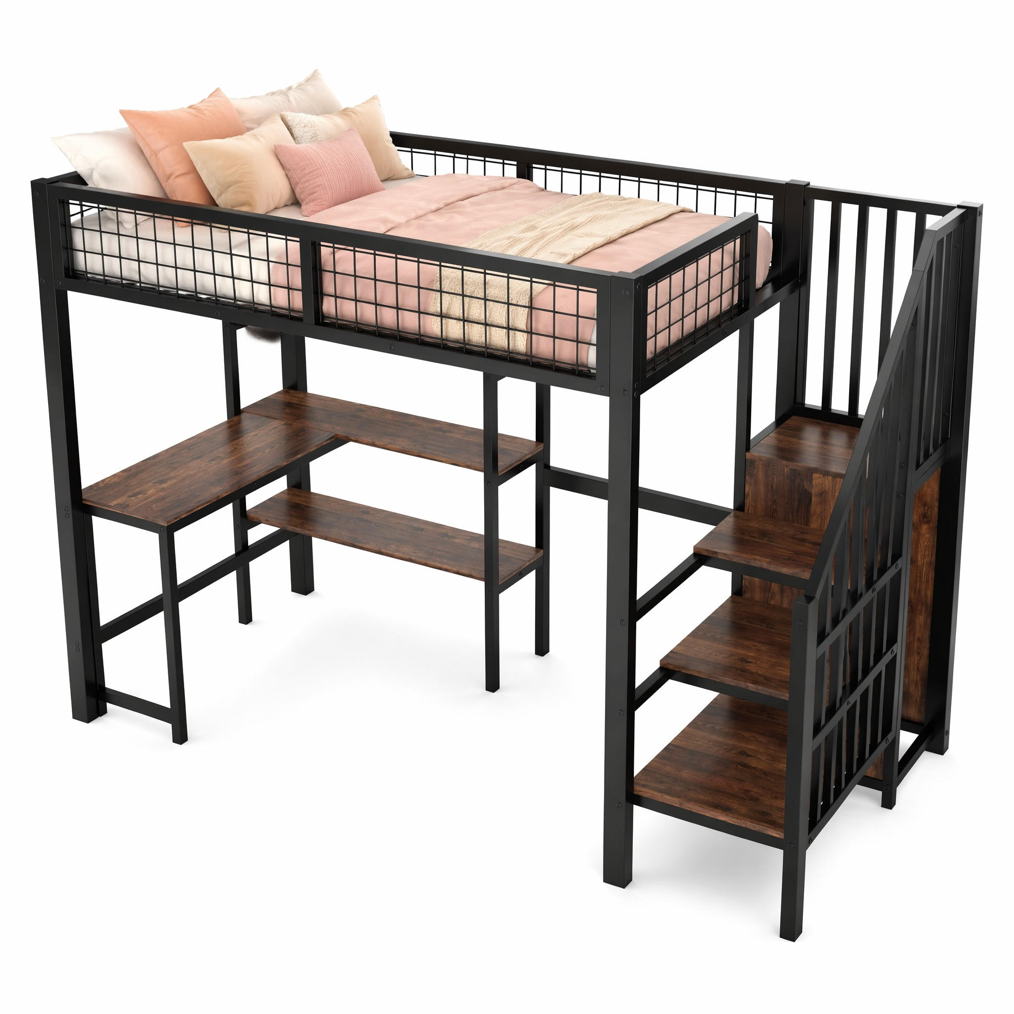 HOCHBETT 90/200 cm in Schwarz & Braun mit Schreibtisch, Regal und Kleiderschrank im Loft-Design - Schwarz, Holz/Metall (90/200cm) - STILVORA