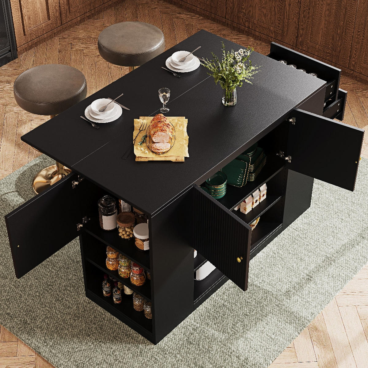 KÜCHENINSEL KLAPPBAR Küchenschrank Buffetschrank mit Schubladen und Regalen MDF Schwarz 140/40/90 cm - Schwarz, Kunststoff (40/90/140cm) - Rolipo