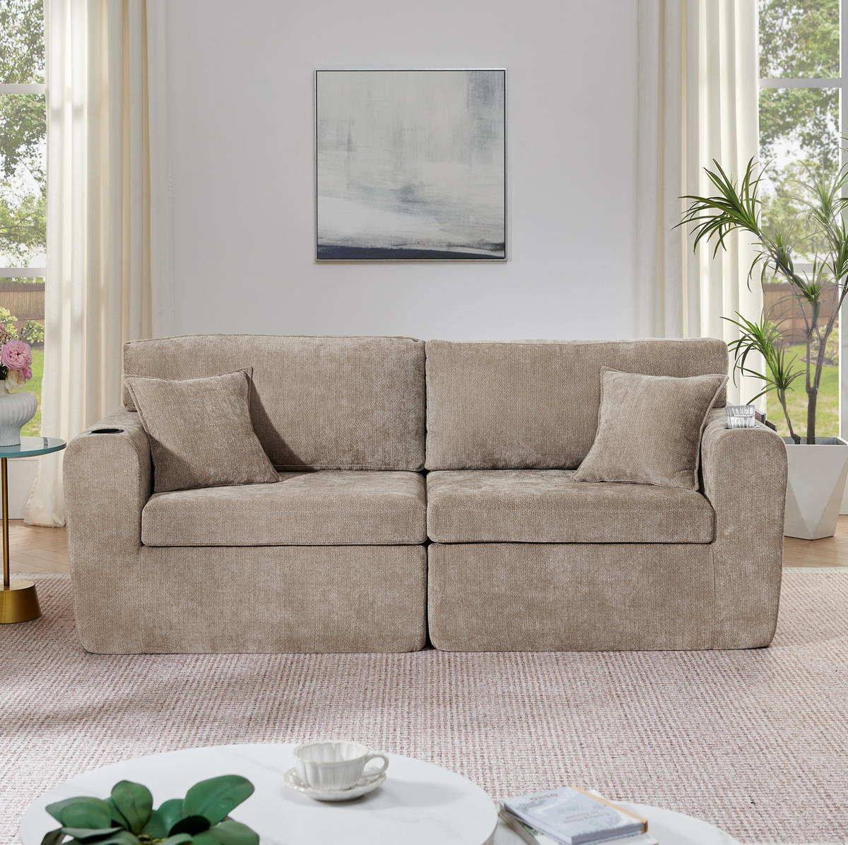 SOFA 2-Sitzer mit Getränkehalter Chenille Brown - Braun, Kunststoff (220/89/100cm) - Meubliv