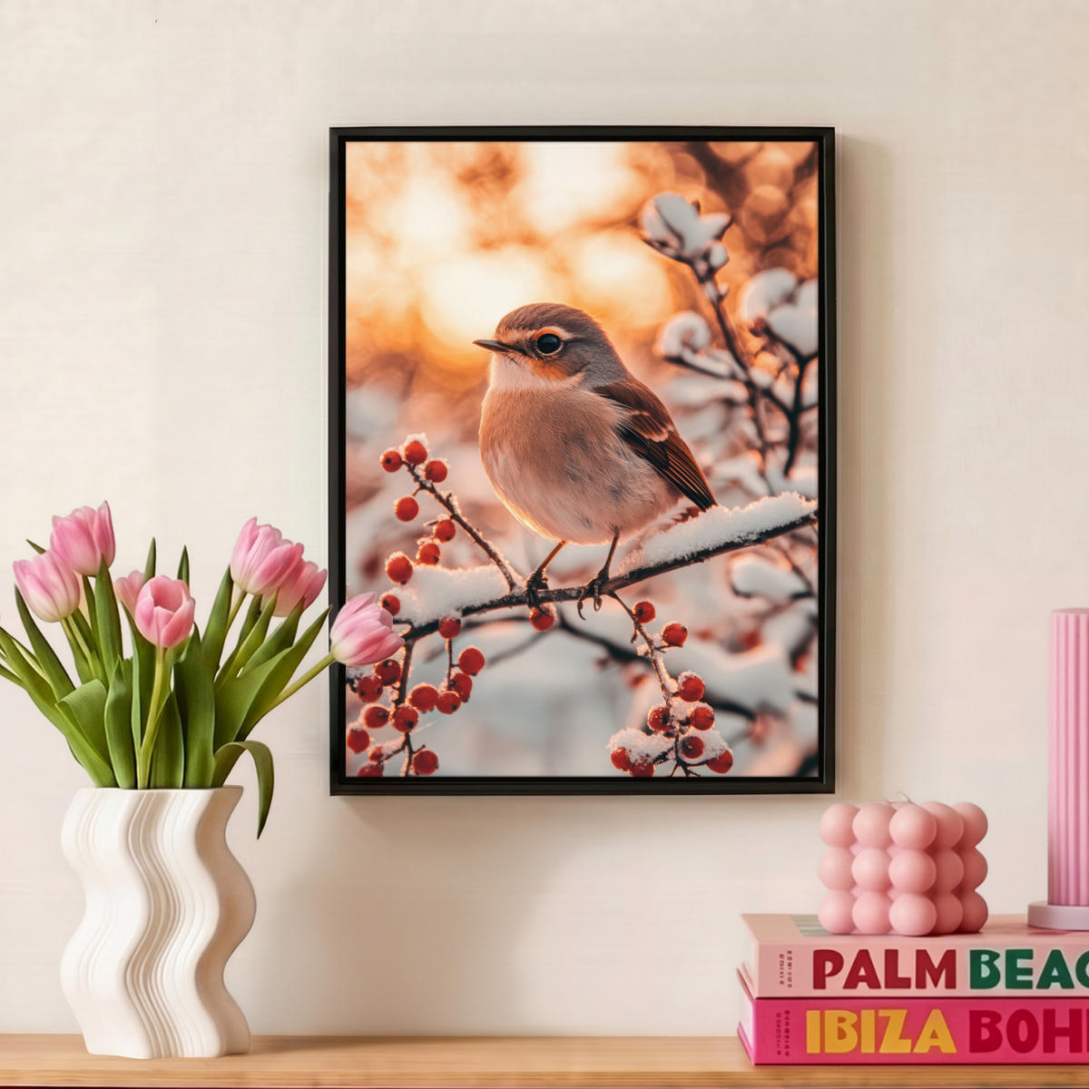 LEINWAND Bilder mit Rahmen - Vogel - Zweig - Winter - Tiere - Schnee - 30x40 - Bernsteinfarben, Textil (30/40cm) - MuchoWow