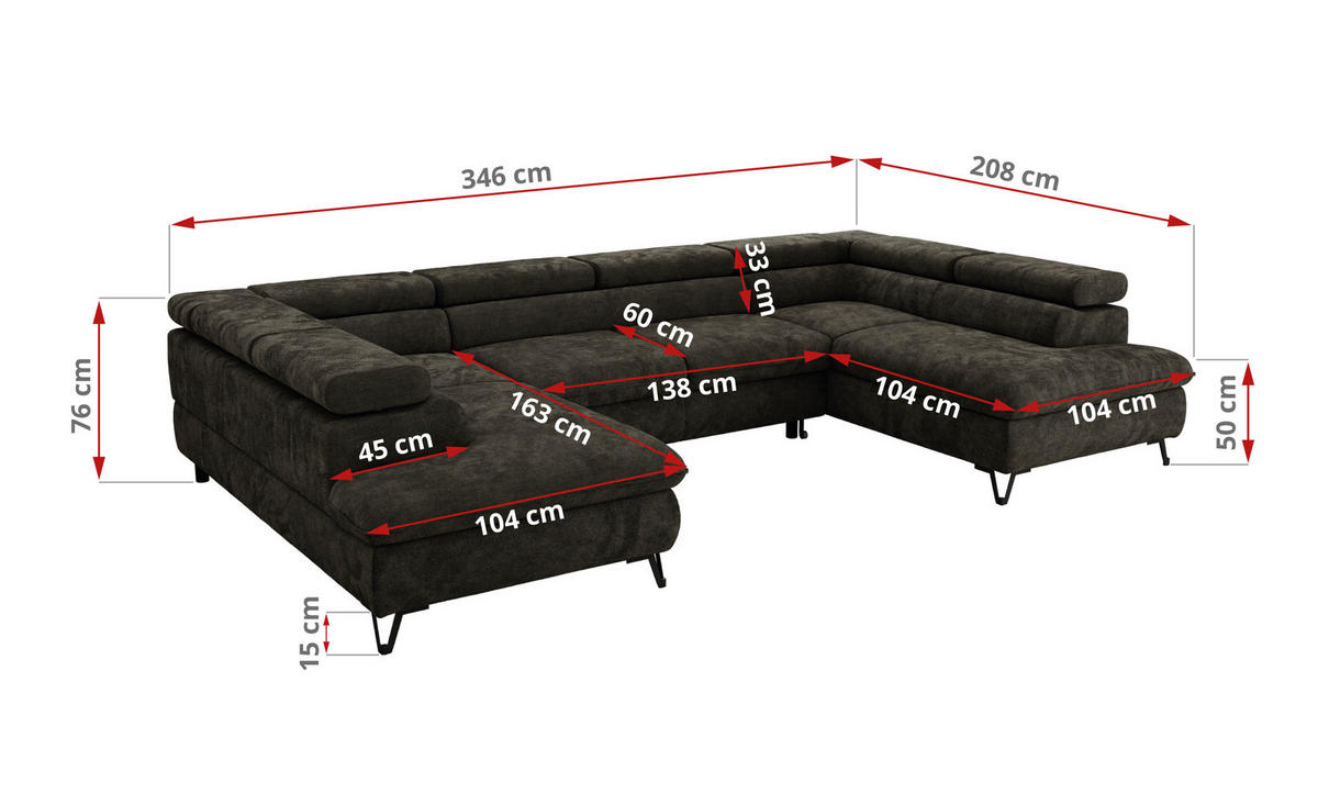 WOHNLANDSCHAFT PABLO U Schenille glatt Dunkelgrau mit Topper Visco - Dunkelgrau/Schwarz, Textil/Metall (346/76/208cm) - MKS