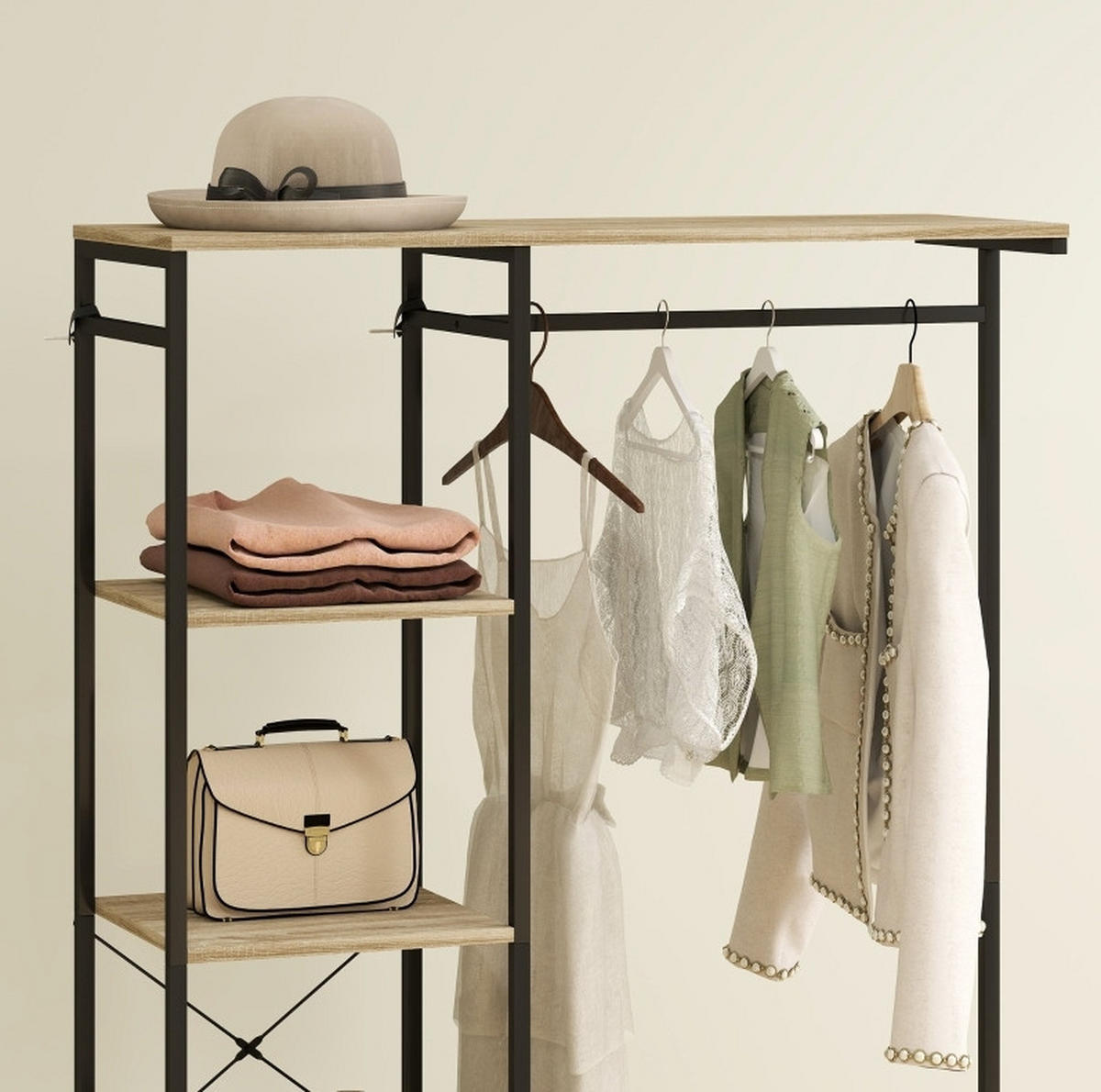 STANDGARDEROBE 100/35/156 cm mit Kleiderstange, Schuhablage und Ablage in Eiche - Eichefarben, Metall (100/156/35cm) - BEAOK