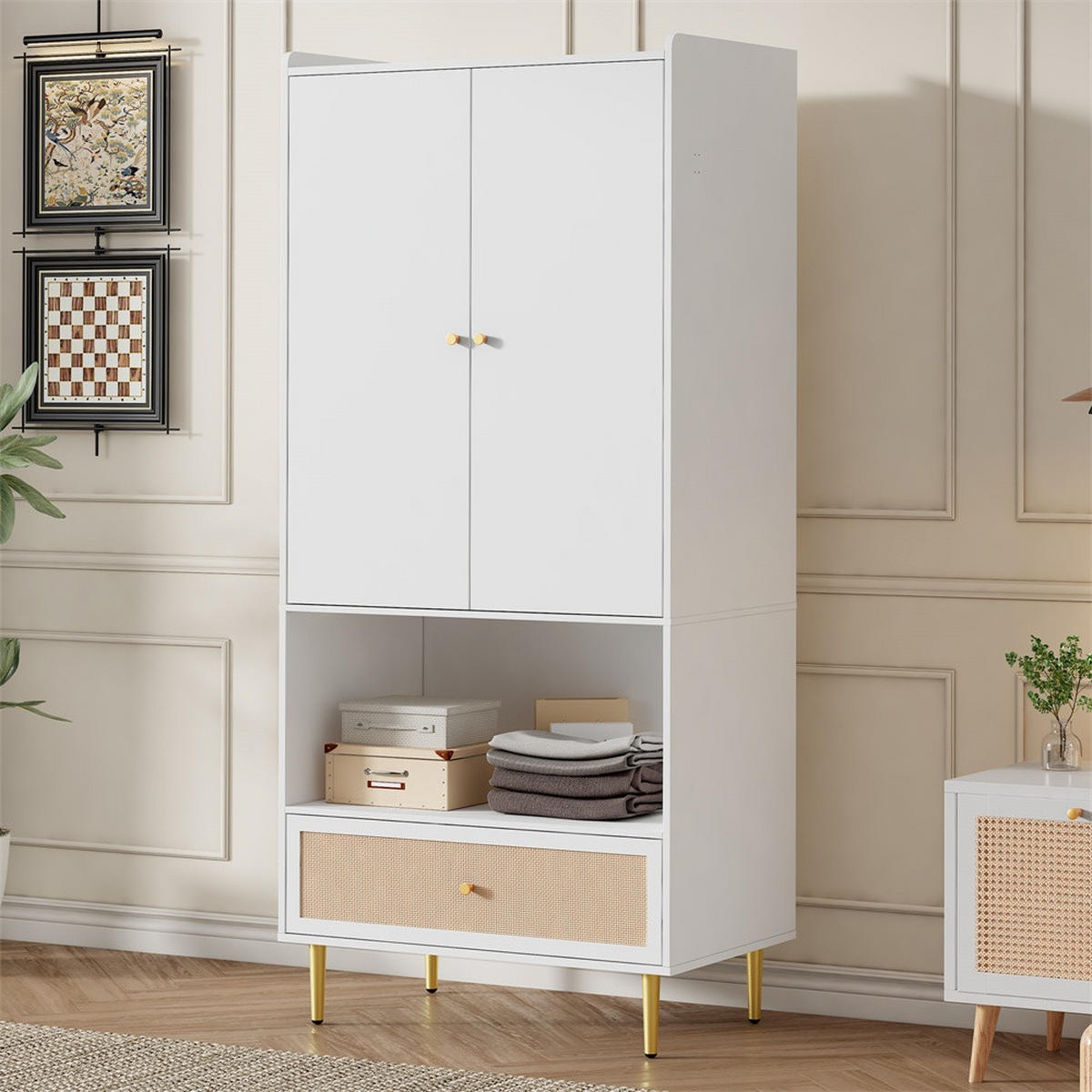 KLEIDERSCHRANK 80x48x175 cm mit goldenen Griffen und Beinen - 2 Türen und 1 Schublade & Offenes Regal - Weiß - Weiß, Holzwerkstoff (80/175/48cm) - DELFA