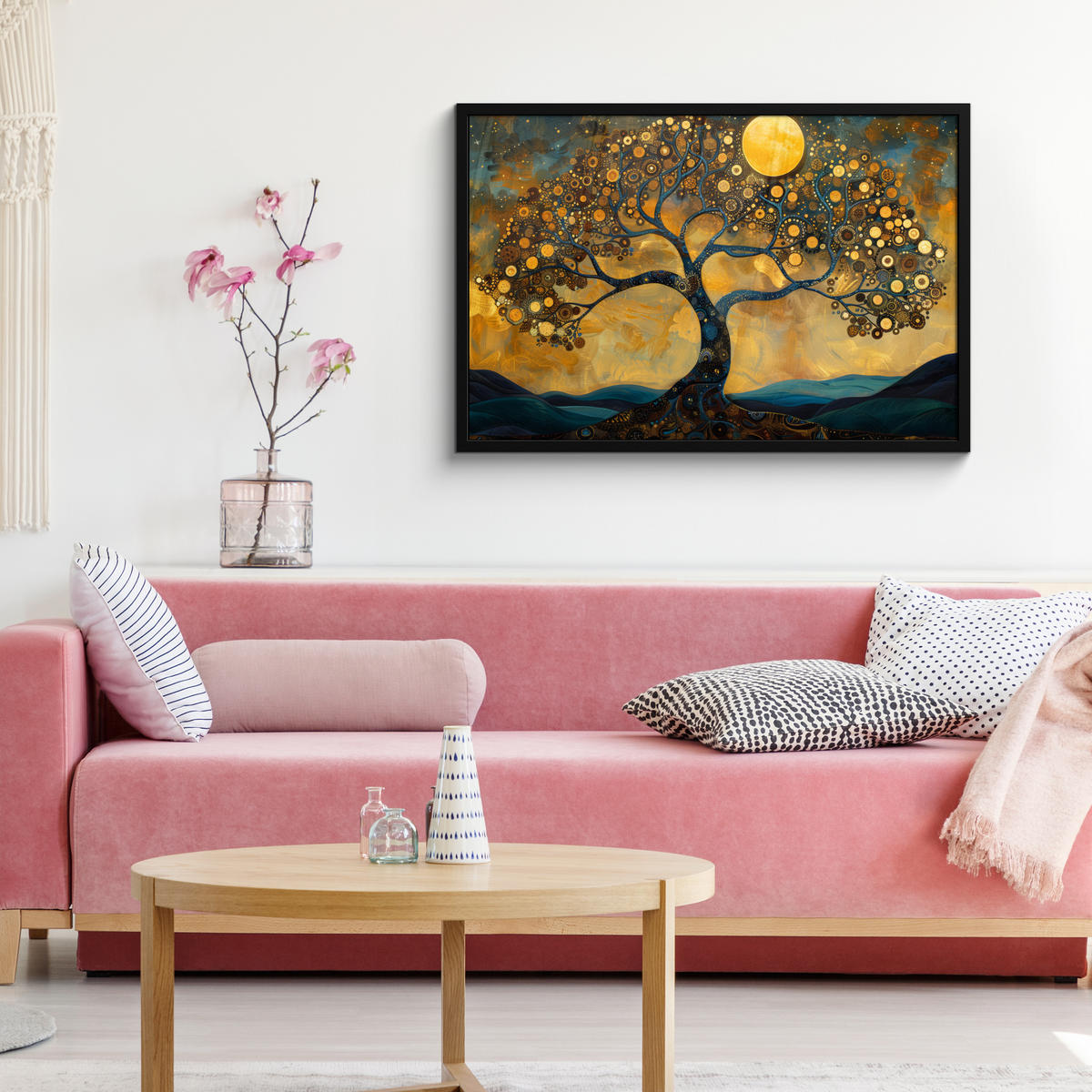 POSTER MIT RAHMENGERAHMTES BILD Baum - Mond - Blumen - Gold - Kunst 90x60 cm - Orange, Papier (90/60cm) - MuchoWow