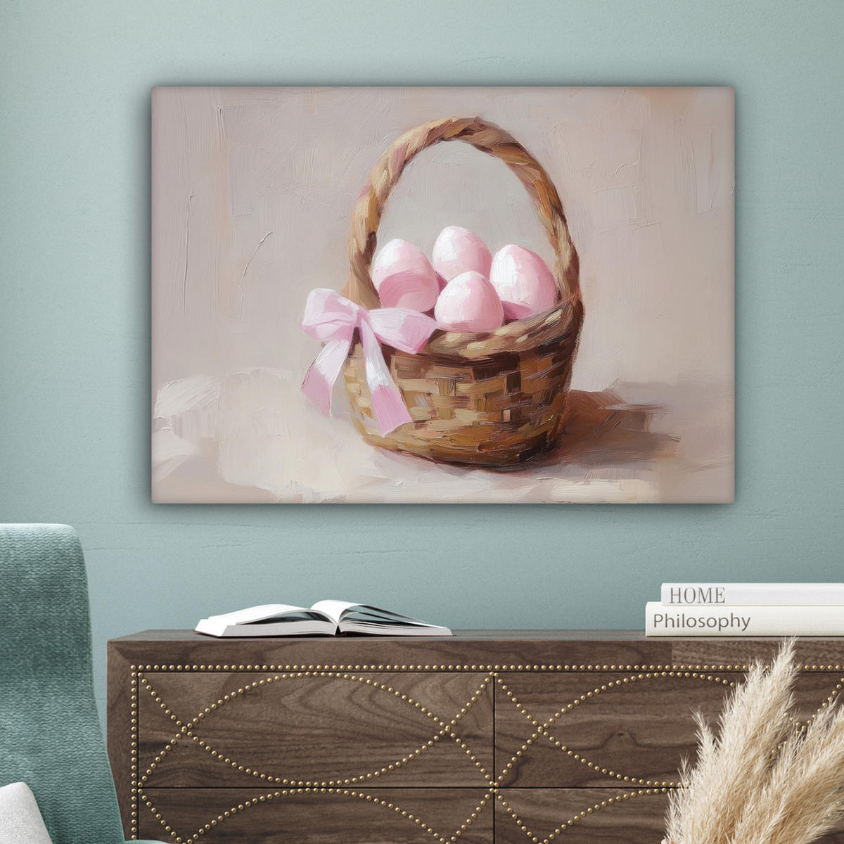 LEINWANDBILD Korb - Eier - Rosa Wandbilder 80x60 cm - Beige, Textil (80/60cm) - MuchoWow