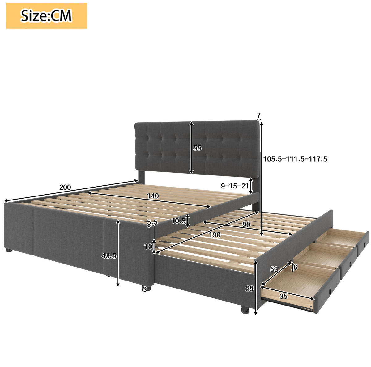 POLSTERBETT aus Leinen und MDF 140x200 cm Grau mit Ausziehbett, 3 Schubladen und verstellbarem Kopfteil - Grau, Textil (140/200cm) - IVMEU