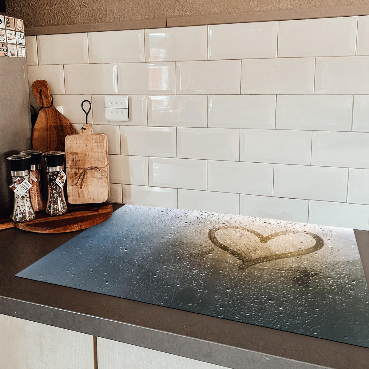HERDABDECKPLATTE Herz - Kondenswasser - Wasser - 3D Ceranfeldabdeckung 80x52 cm - Grau, Kunststoff (80/52/0.2cm) - MuchoWow