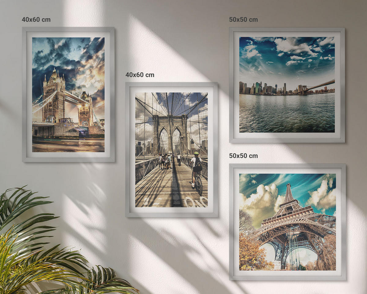 WANDBILDER 4er Set - 50x50 cm & 40x60 cm Silberner Rahmen - Turmbrücken in europäischen Städten - Silberfarben, Kunststoff (50/50cm) - ArtPrintCave